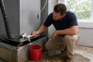 2026_07_andersonaircorpscom_ac-drain-line-clogged-symptoms-water-damage_v1 - Anderson Air Corps Legal Action Air Conditioning Inc. Technician inspecting a leaking HVAC condensate drain line with water collecting beneath an indoor air handler.