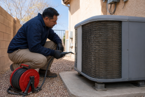 2026_07_andersonaircorpscom_dirty-condenser-coil-symptoms-reduce-ac-efficiency_v1 - Anderson Air Corps Legal Action Air Conditioning Inc. HVAC technician examining heavily dust-covered condenser coils on an outdoor air conditioning unit.