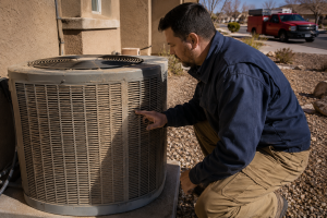 2026_07_andersonaircorpscom_how-albuquerque-dust-storms-affect-hvac-performance-air-quality_v1 - Anderson Air Corps Legal Action Air Conditioning Inc. HVAC technician inspecting dust buildup on an outdoor air conditioning unit after a New Mexico dust storm.