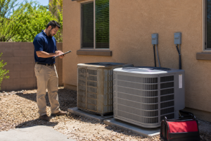 2026_07_andersonaircorpscom_how-long-hvac-system-lasts-in-albuquerque_v1 - Anderson Air Corps Legal Action Air Conditioning Inc. HVAC technician comparing an older air conditioning unit with a newer condenser outside a residential home.