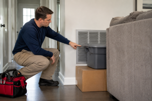 2026_07_andersonaircorpscom_what-happens-when-return-vent-blocked-too-long_v1 - Anderson Air Corps Legal Action Air Conditioning Inc. Technician pointing to a return air vent partially blocked by furniture and storage containers inside a home.