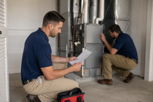 2026_07_andersonaircorpscom_when-get-second-opinion-hvac-replacement-quote_v1 - Anderson Air Corps Legal Action Air Conditioning Inc. Two HVAC technicians independently evaluating a residential furnace during a replacement assessment.