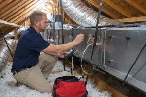 2026_07_andersonaircorpscom_when-hvac-system-needs-static-pressure-test_v1 - Anderson Air Corps Legal Action Air Conditioning Inc. HVAC technician performing a static pressure test on residential ductwork inside an attic space.