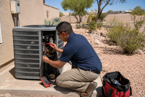 2026_07_andersonaircorpscom_why-ac-breaker-keeps-tripping-during-hot-weather_v1 - Anderson Air Corps Legal Action Air Conditioning Inc. HVAC technician testing electrical components inside an air conditioner during a hot summer day in Albuquerque.
