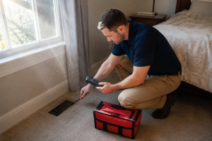 2026_07_andersonaircorpscom_why-air-quality-worse-in-one-room_v1 - Anderson Air Corps Legal Action Air Conditioning Inc. HVAC technician measuring indoor air quality near a bedroom supply vent with visible dust in the air.