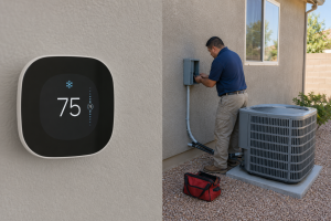 2026_07_andersonaircorpscom_why-thermostat-says-cool-on-but-ac-never-starts_v1 - Anderson Air Corps Legal Action Air Conditioning Inc. HVAC technician troubleshooting an outdoor air conditioner while a thermostat is set to cooling mode at a residential Albuquerque home.