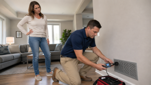 HVAC technician measuring airflow from residential air vent while homeowner observes