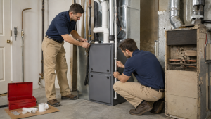Two HVAC technicians installing a new high-efficiency residential furnace