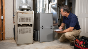 HVAC technician inspecting new furnace installed beside older heating system