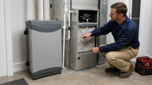 HVAC technician inspecting residential furnace air filter during maintenance service