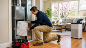 HVAC technician replacing air filter inside residential furnace system