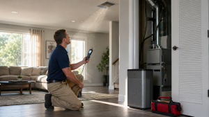 HVAC technician performing indoor air quality testing near residential HVAC system