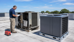 HVAC technician inspecting new rooftop unit beside older commercial HVAC system