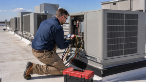 HVAC technician servicing commercial rooftop air conditioning unit