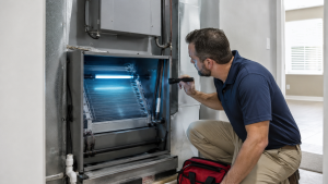 HVAC technician inspecting air handler with installed UV germicidal light system