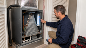 HVAC technician inspecting ultraviolet light installed inside residential air handler