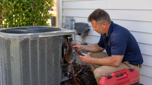 HVAC technician testing electrical components in outdoor air conditioner
