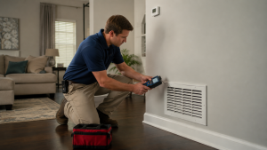 HVAC technician testing airflow at a residential wall vent