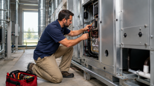 HVAC technician testing electrical components in commercial HVAC system