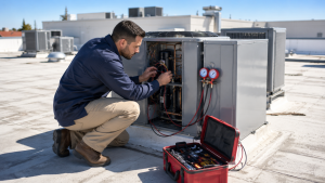 HVAC technician servicing commercial rooftop air conditioning unit