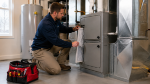 HVAC technician replacing air filter in residential furnace