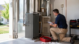HVAC technician inspecting residential furnace system with clipboard