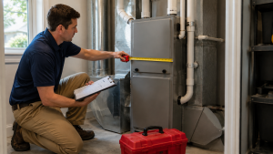 HVAC technician measuring furnace during residential installation