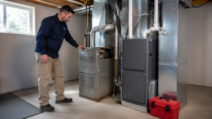 HVAC technician comparing old furnace with newer replacement system