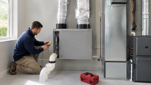 HVAC technician performing electrical diagnostics on residential HVAC equipment