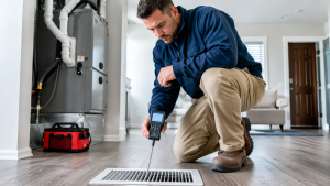HVAC technician measuring airflow from residential floor vent