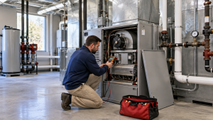HVAC technician performing diagnostics on commercial furnace system