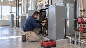 HVAC technician performing maintenance on commercial heating system