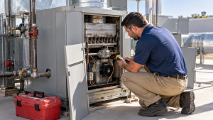 HVAC technician diagnosing commercial rooftop heating unit