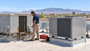 HVAC technician inspecting commercial rooftop air conditioning units