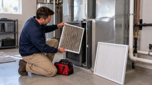 HVAC technician replacing dirty furnace air filter