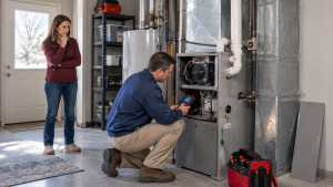HVAC technician diagnosing furnace problem with homeowner nearby