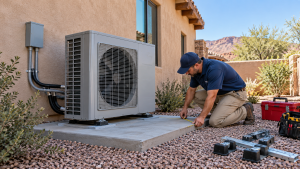 HVAC technician measuring pad for residential heat pump installation