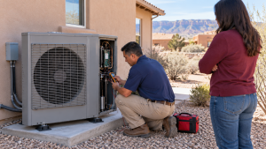 HVAC technician testing residential heat pump while homeowner observes