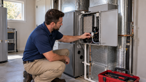 HVAC technician servicing whole home furnace humidifier