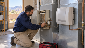 HVAC technician repairing whole home humidifier attached to furnace
